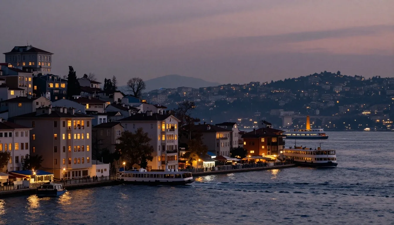 Alacakaranlıkta İstanbul çatıları ve Boğaz
