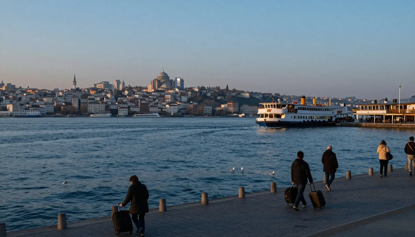 Eminönü iskelesinde akşam vakti vapura binen yolcular