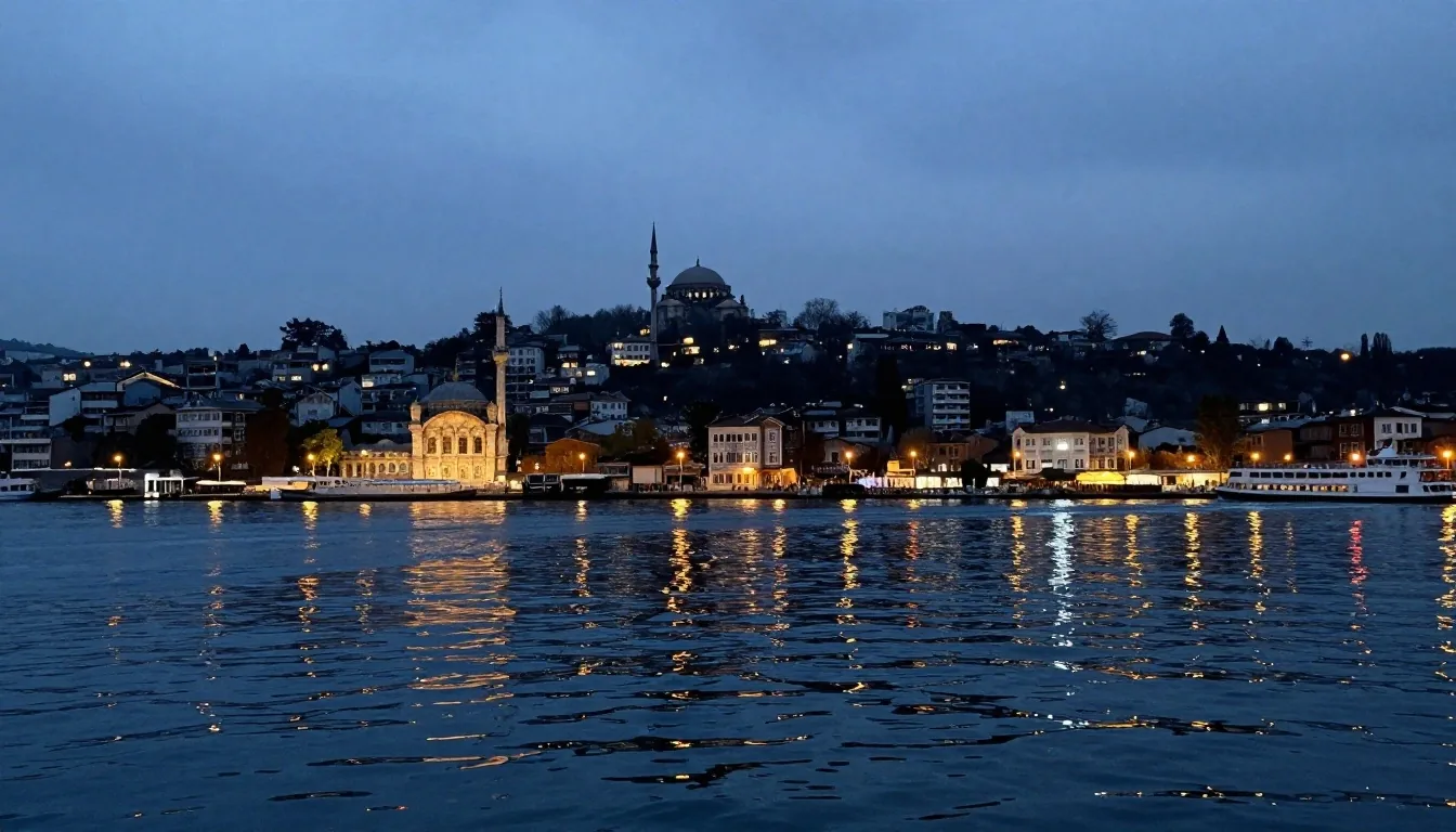 Akşam ışığında Boğaz'da vapur ve İstanbul silüeti