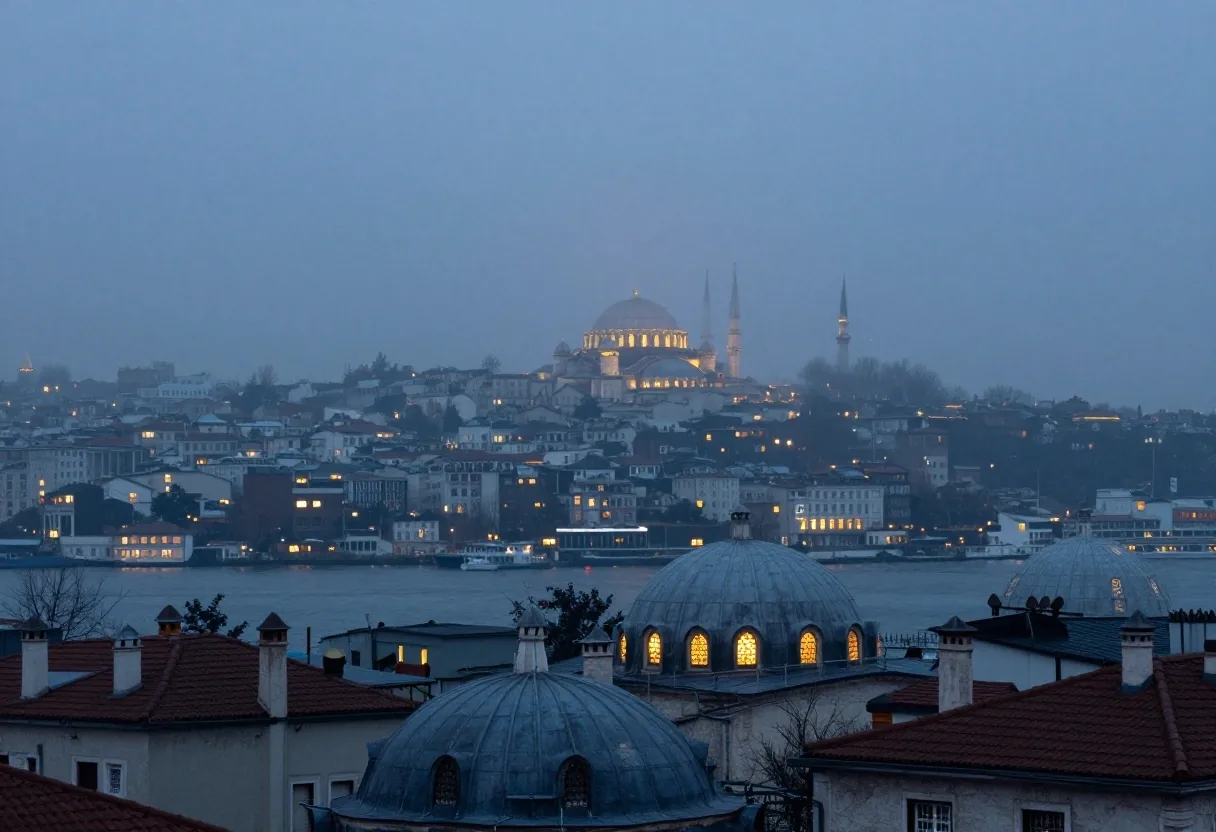 Akşam sisinde Haliç ve İstanbul çatıları