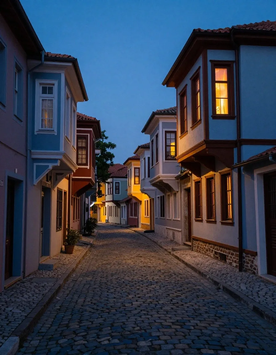 Akşam pususunda İstanbul çatıları ve Boğaz'da vapurlar