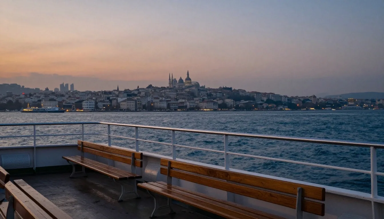Boğaz'da gün batımında ilerleyen vapur ve İstanbul silueti
