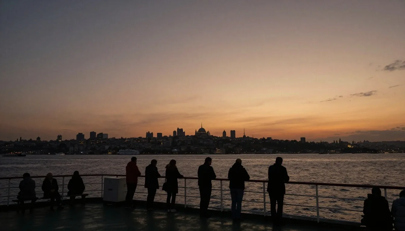 Akşam ışığında Boğaz'da vapur güvertesi ve İstanbul silueti