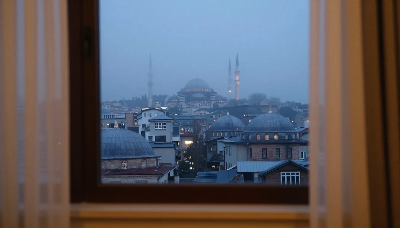 Akşam sisinde İstanbul çatıları ve sıcak ofis ışığı