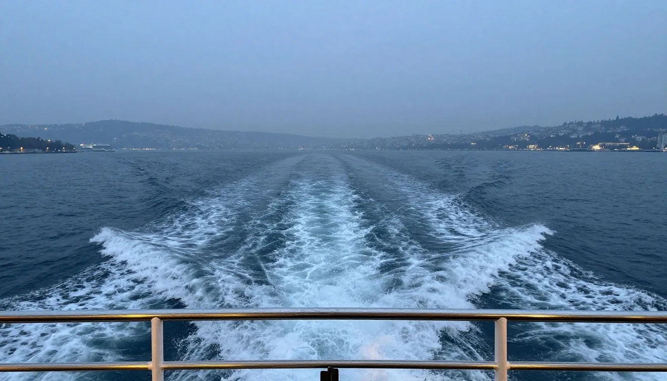 Alacakaranlıkta Boğaz'da vapur arkası su izi