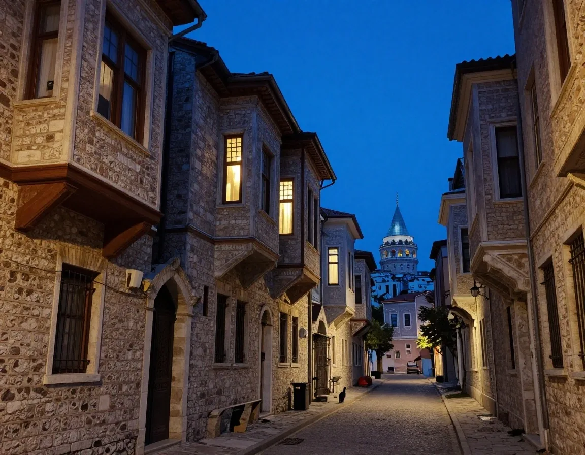 Mavi saatte Galata çevresinde akşam sokak görünümü