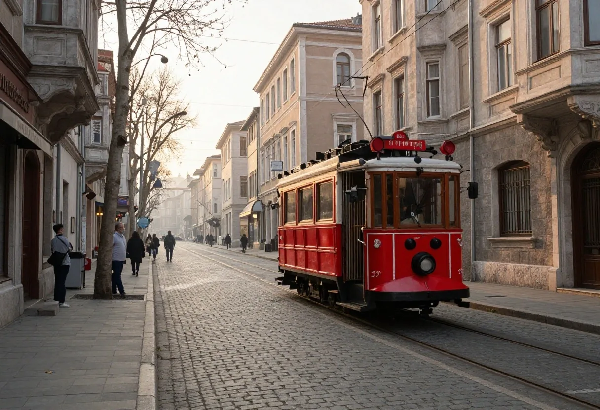 Sabah erken saatte sakin İstanbul sokağı ve tramvay