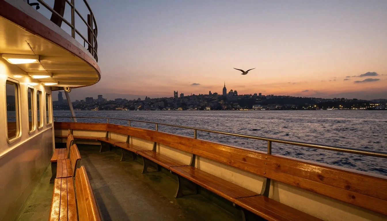 Akşam ışığında Boğazda vapur ve İstanbul silüeti