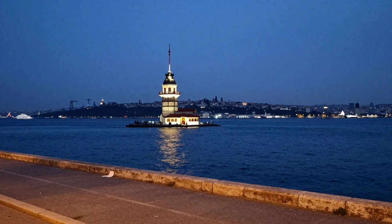 Gün batımında Boğaz'da ilerleyen vapur ve İstanbul silüeti
