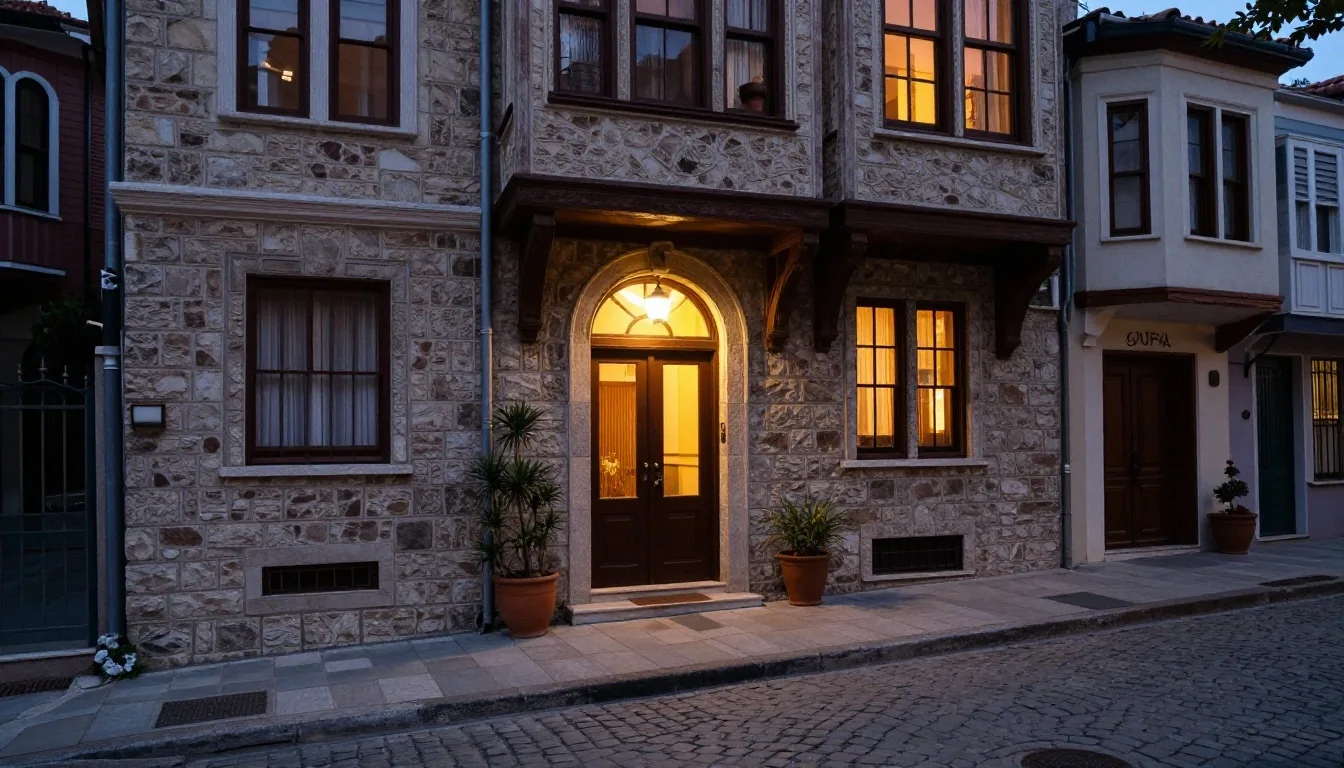 Beyoğlu'nda akşam ışığında apartman girişi olan sakin sokak