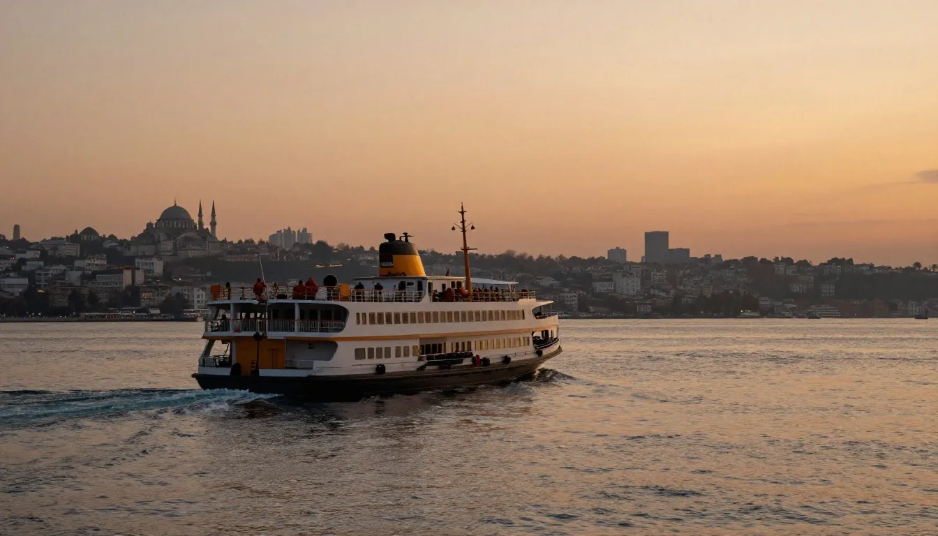 Boğaz'da gün batımında ilerleyen vapur ve İstanbul silüeti